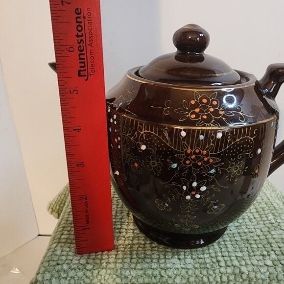 Vintage Japan Brown Teapot Hand Painted Gold Floral Enamel Dot 6in Midcentury - Picture 6 of 10